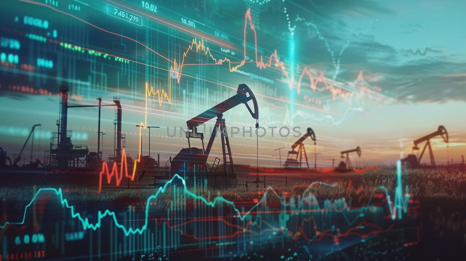 A silhouette of oil pumps against a sunset sky with a digital screen displaying financial charts overlaid on the scene.