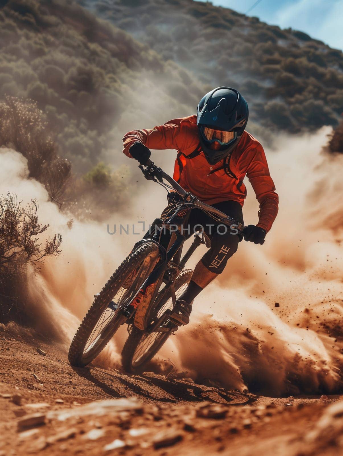 A professional cyclist in full gear rides an enduro trail bike down a dusty trail.