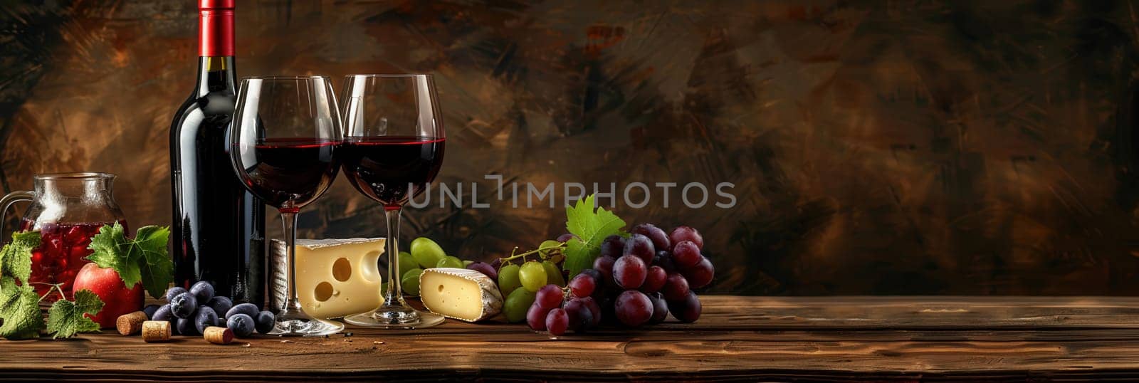 A bottle of red wine, two glasses of red wine, and a plate of cheese and grapes rest on a rustic wooden table.