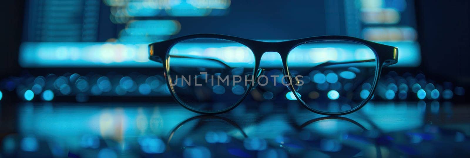 A pair of eyeglasses rest on a computer keyboard, with the blue glow of the screen reflecting in the lenses.