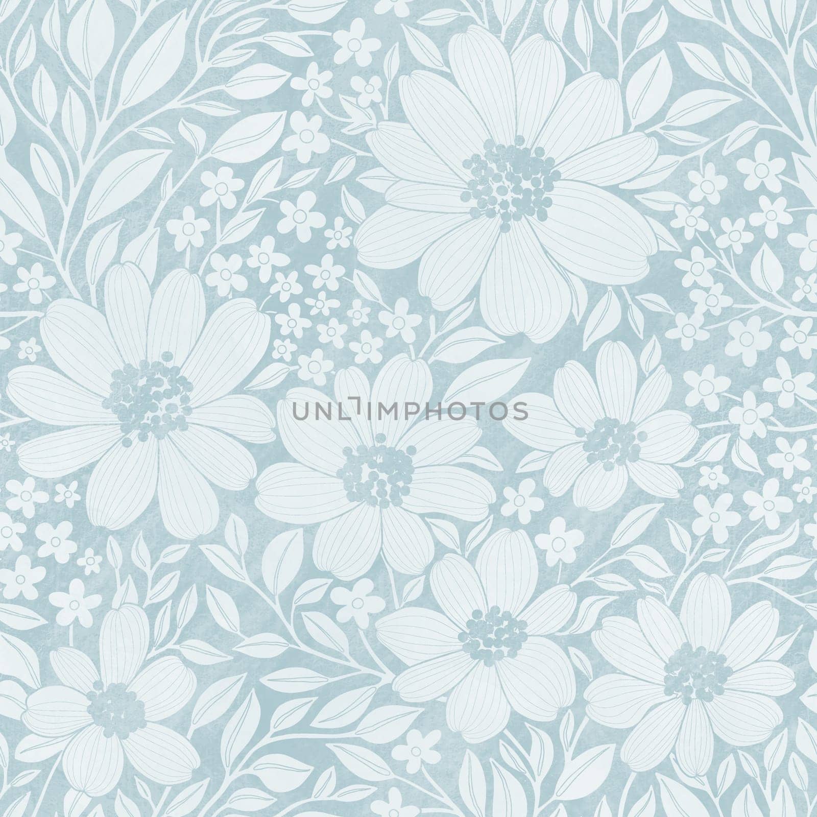 Floral Seamless Pattern of Pastel Light Blue Flowers and Leaves on Darker Backdrop with Texture, Great for Textiles, Wallpapers, Wrapping Papers, Fabrics, Package Design, Fashion, Beauty Products