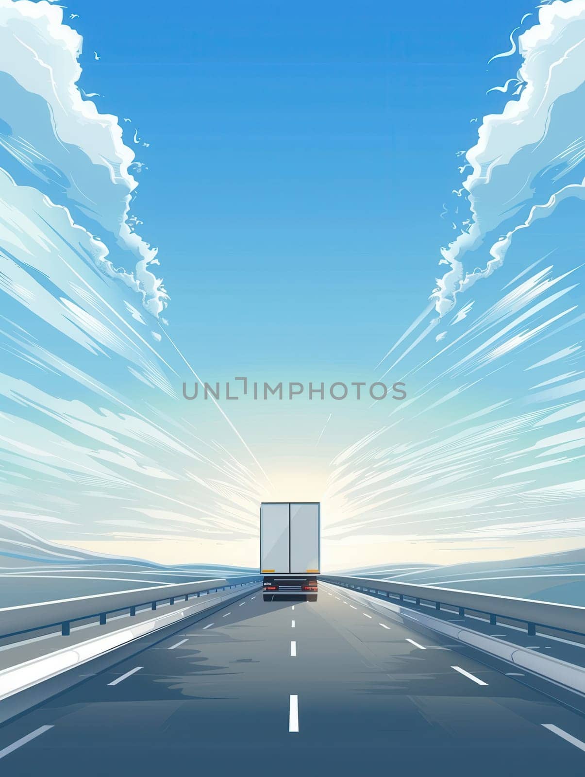 A semi-truck drives down a straight highway under a bright blue sky with white clouds.
