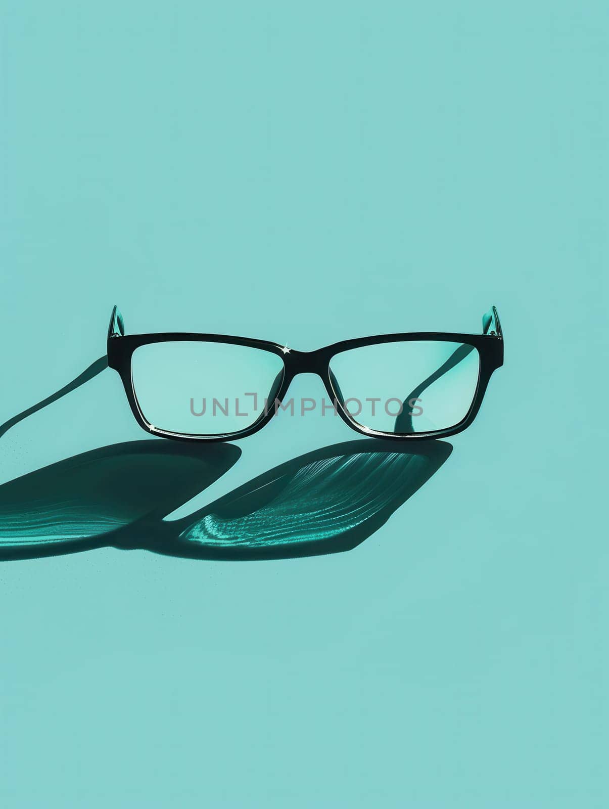 Black eyeglasses cast a long shadow on a light blue background.