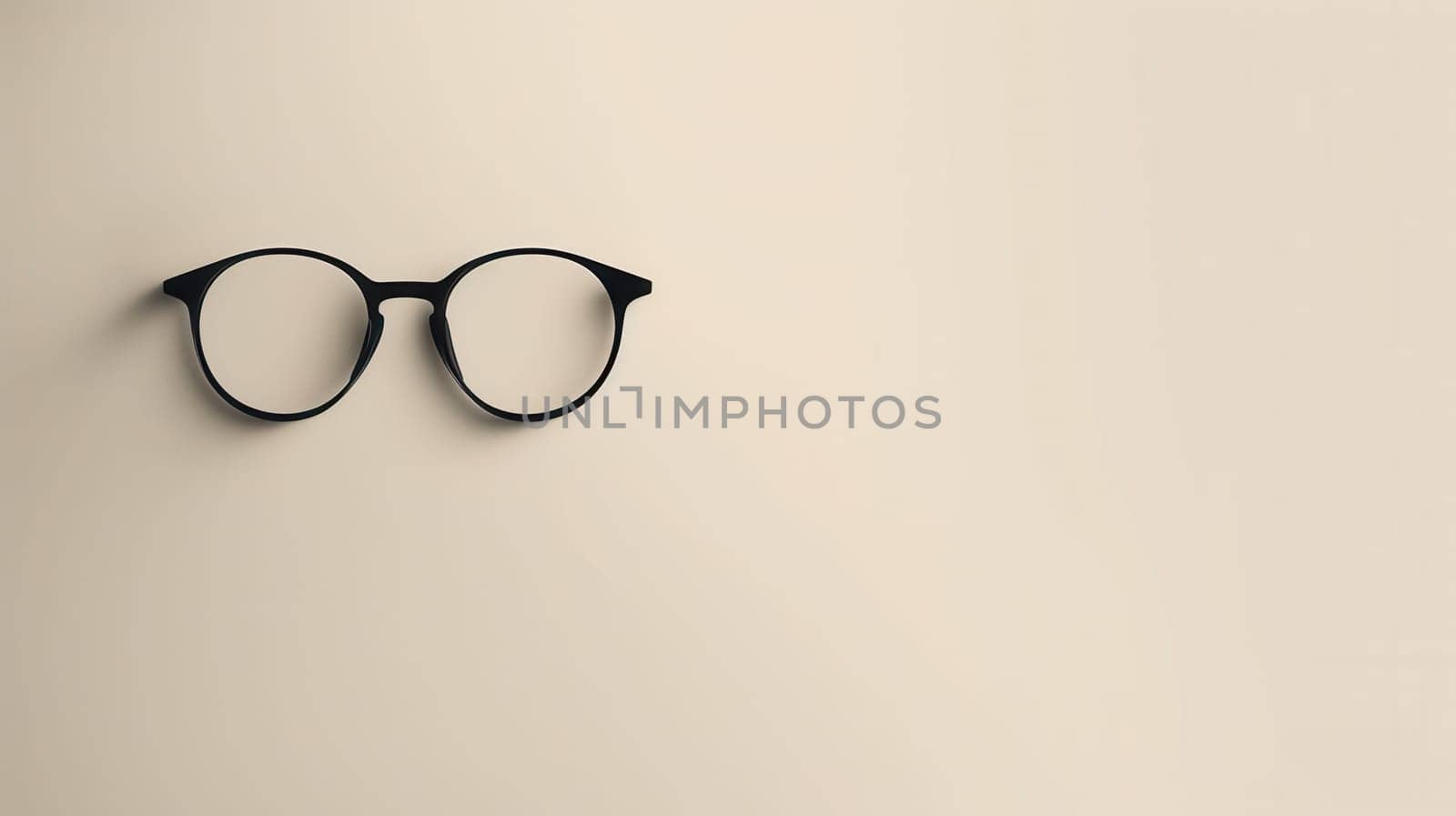 A pair of black round eyeglasses sits on a light beige surface.