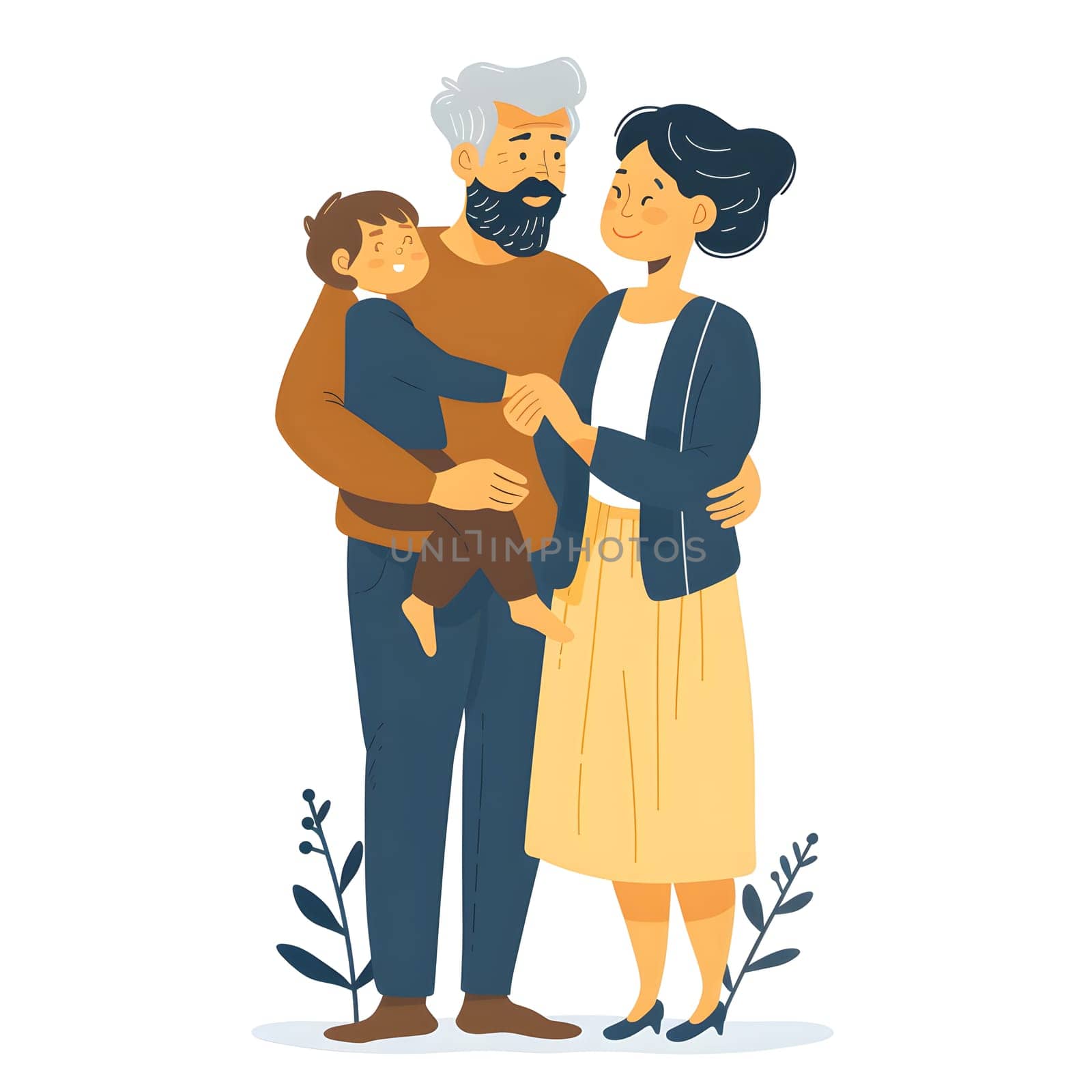An elderly couple is gently cradling a child in their arms, showcasing a heartwarming gesture of love. It looks like a scene straight out of a happy animated cartoon