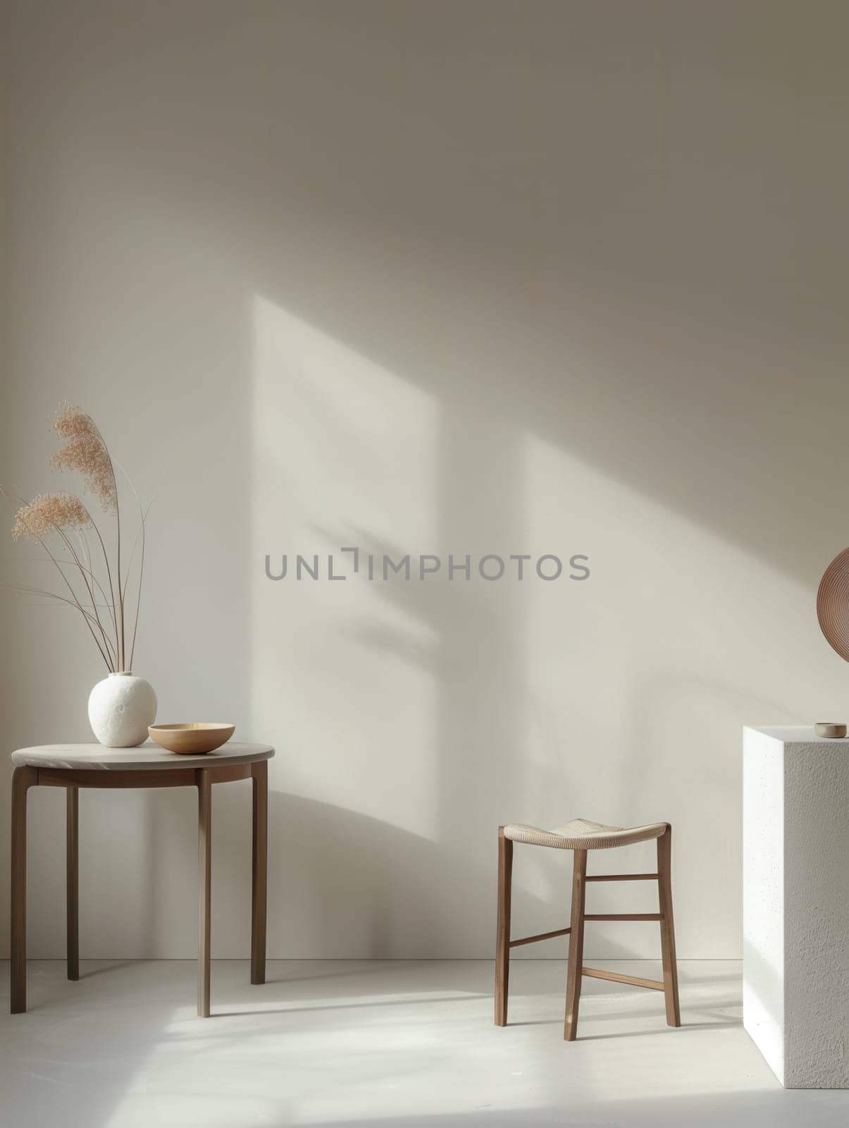 Sunlight streams through a window in a bright white room, illuminating a wooden table and two matching stools, creating a minimal aesthetic.