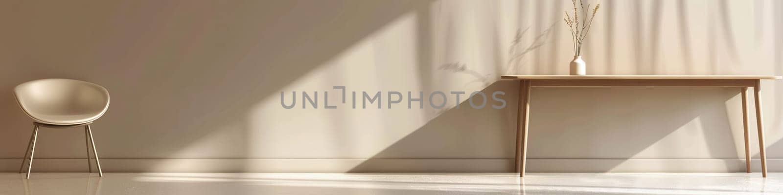 A white chair on white tiles, a beige wall, a wooden table, and a vase of dried flowers. Sunlight streams, casting shadows through a window