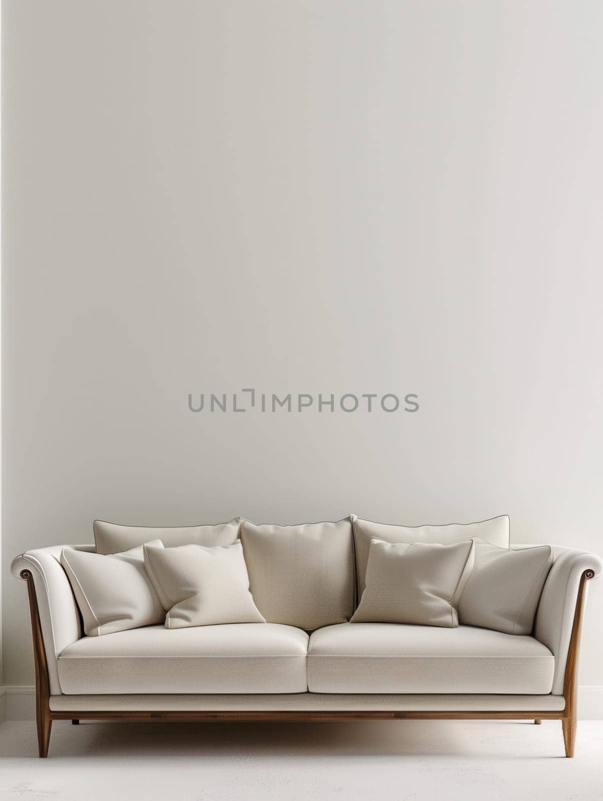 A white sofa with wooden legs sits in front of a light grey wall.
