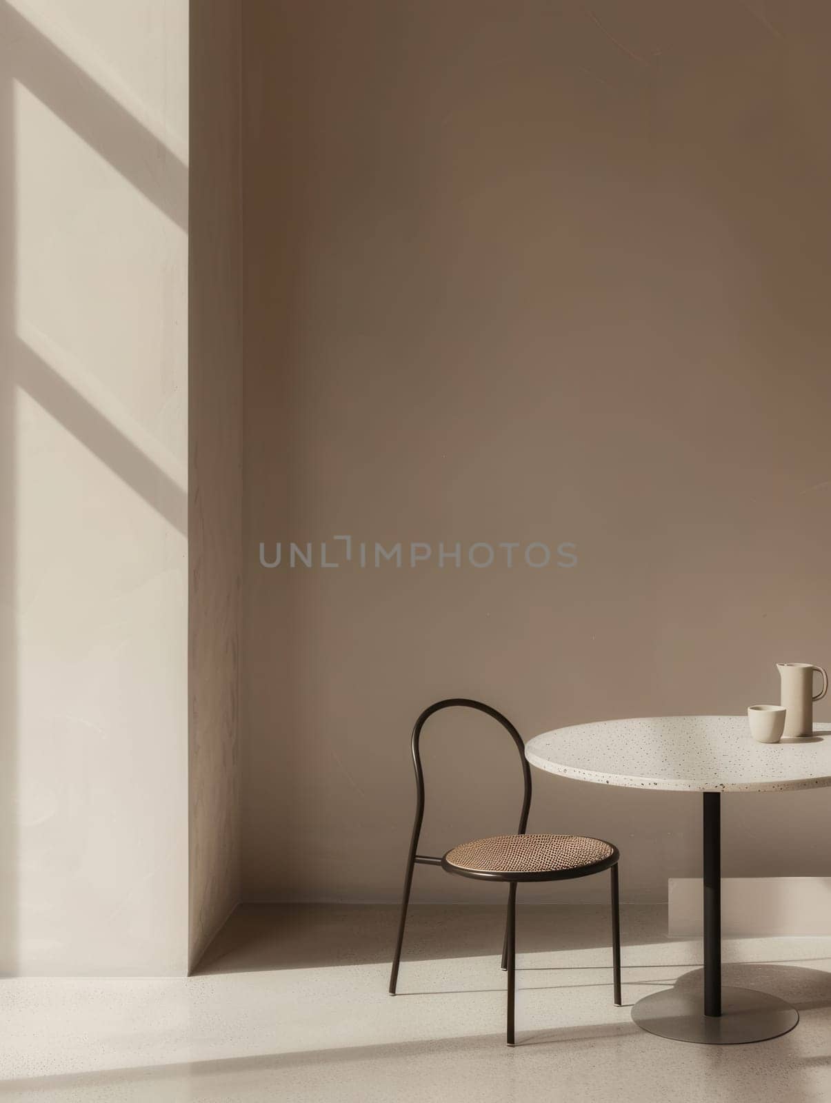 A chair with a woven seat and black metal frame sits near a round white marble table in a modern dining room.
