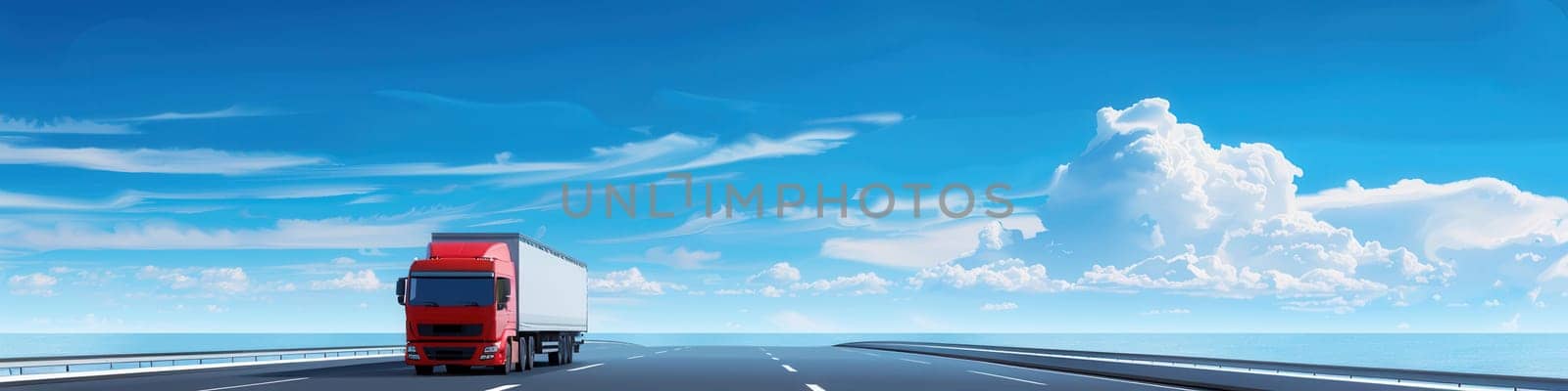 A red semi-truck drives on a highway with an open horizon. The sky is blue with white clouds.