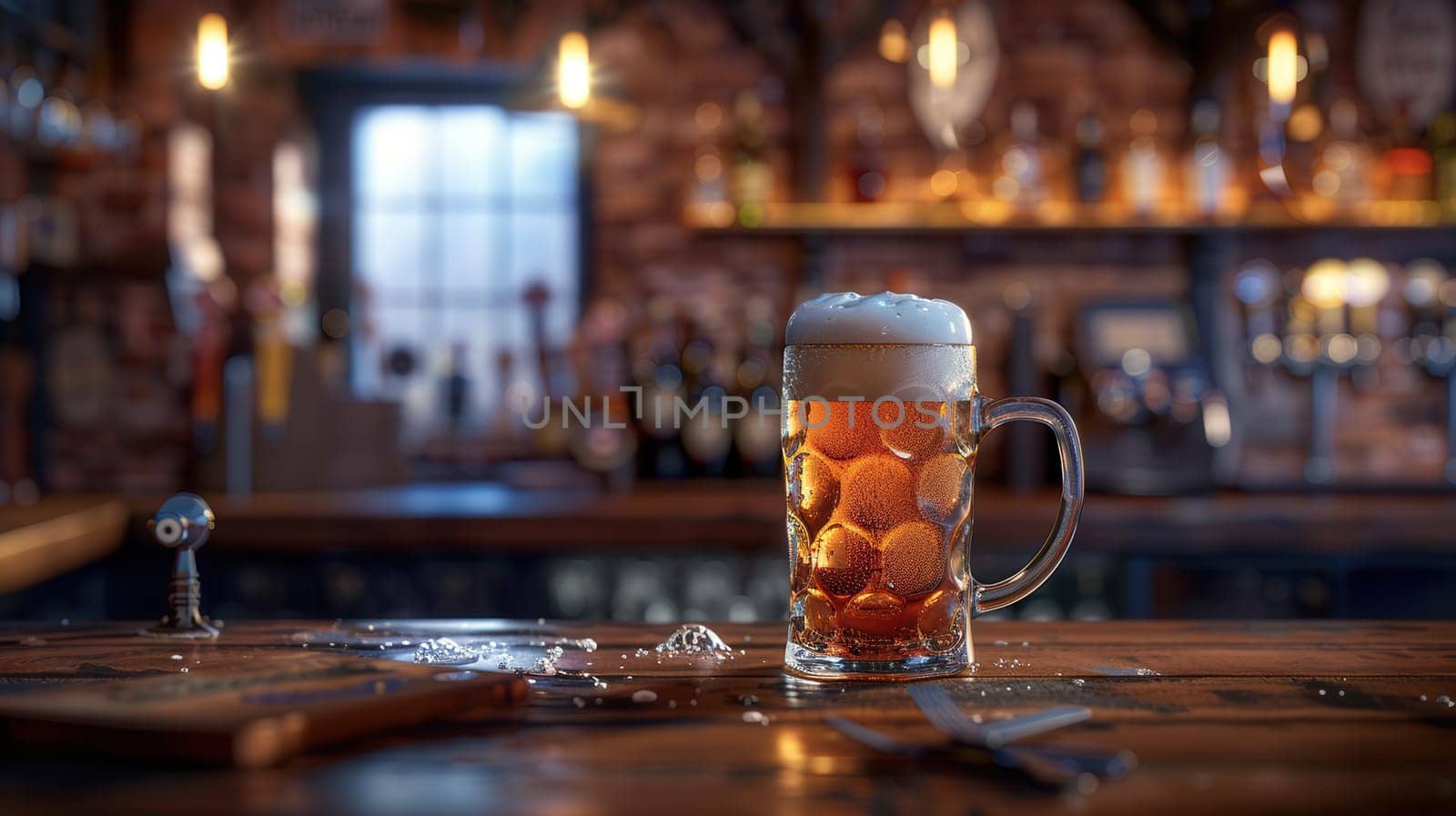 A full glass of beer sits on a bar counter, with a blurry background of a dimly lit pub.