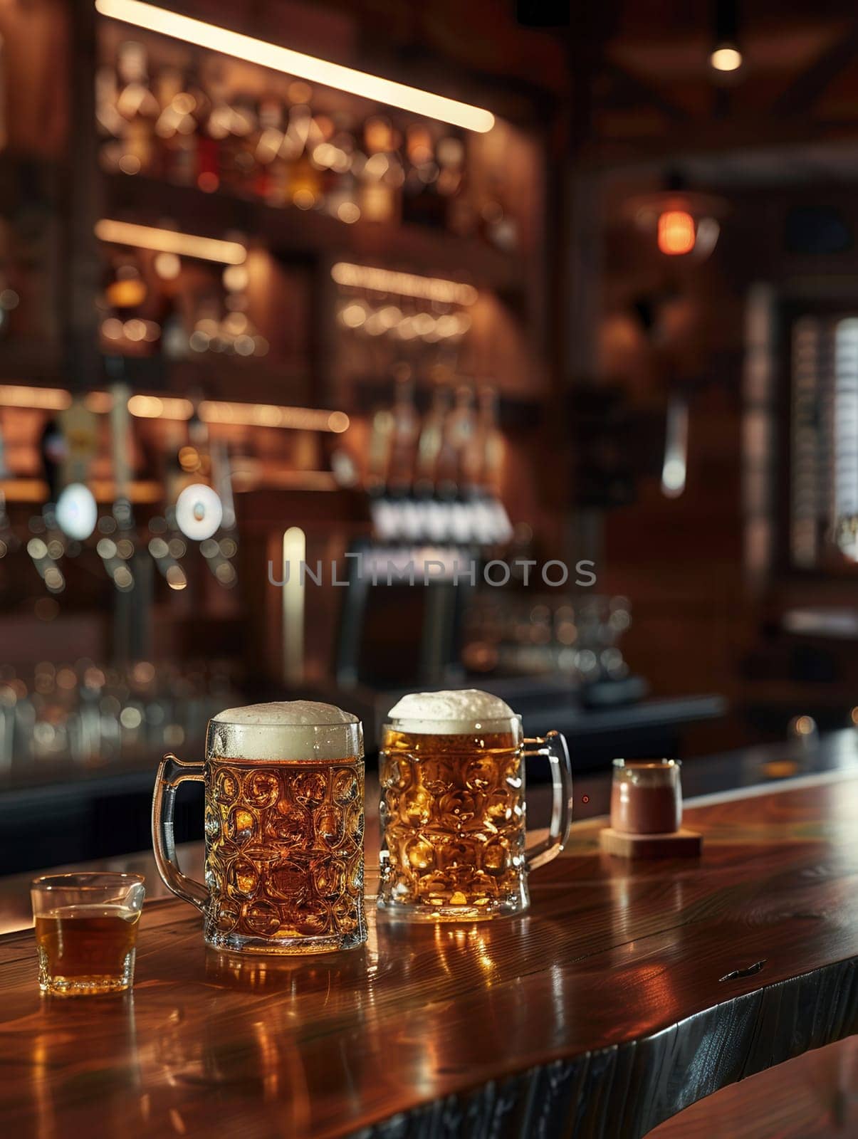 Two beers and a shot glass on a bar counter. Background is a dimly lit bar with liquor bottles