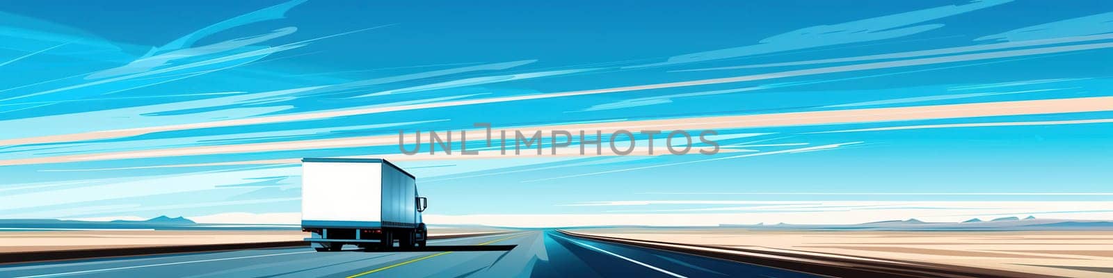 A white semi-truck drives on a highway with an open horizon and blue sky.