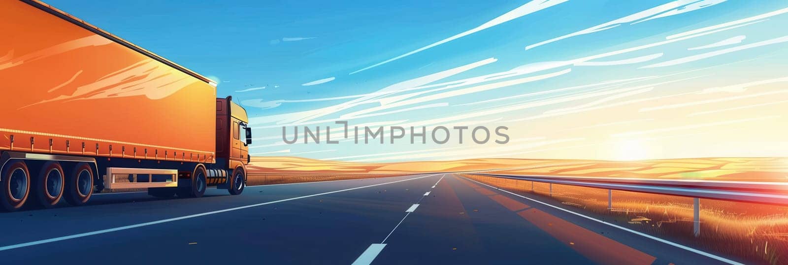 A semi-truck drives on a paved highway with an open horizon and blue sky with a golden sunset.