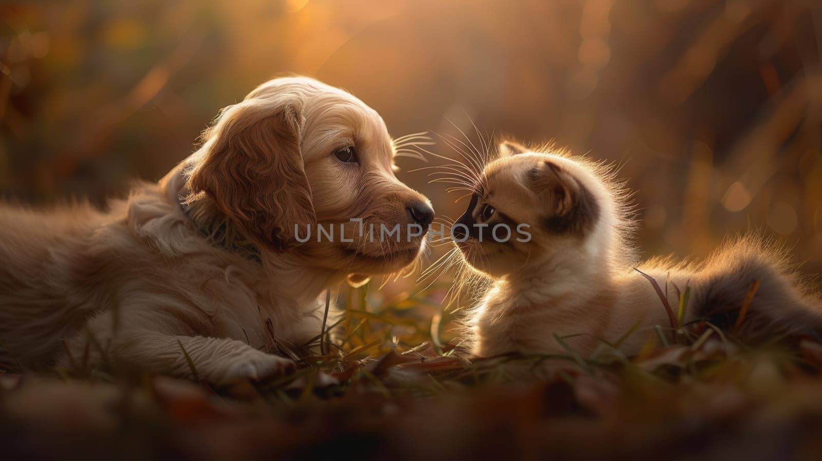A golden retriever puppy and a kitten gaze at each other in a field of autumn foliage.