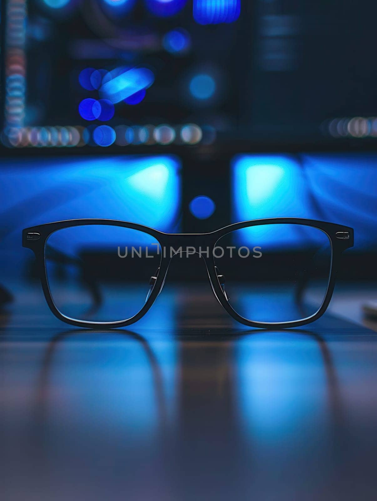 A pair of black eyeglasses sits on a desk, reflecting the blue light from a computer screen in the background.