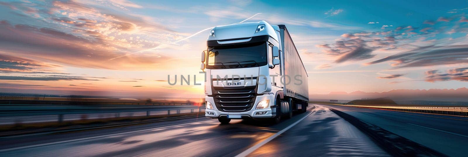 A white semi-truck drives on a highway with a blue sky and a vibrant sunset horizon.