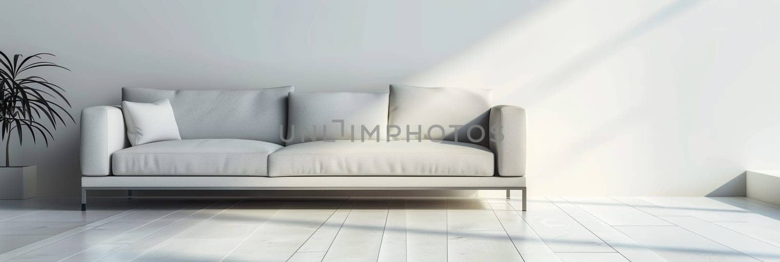 A white sofa with three cushions sits in a bright living room.