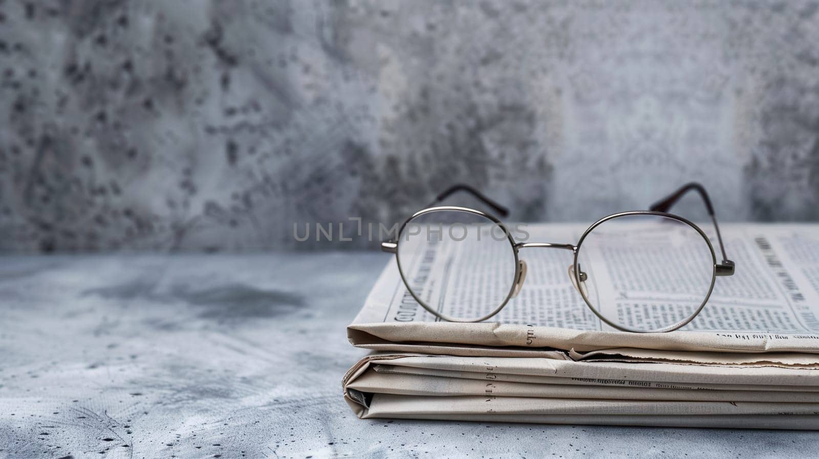 Round eyeglasses are resting on top of a stack of newspapers on a gray surface.