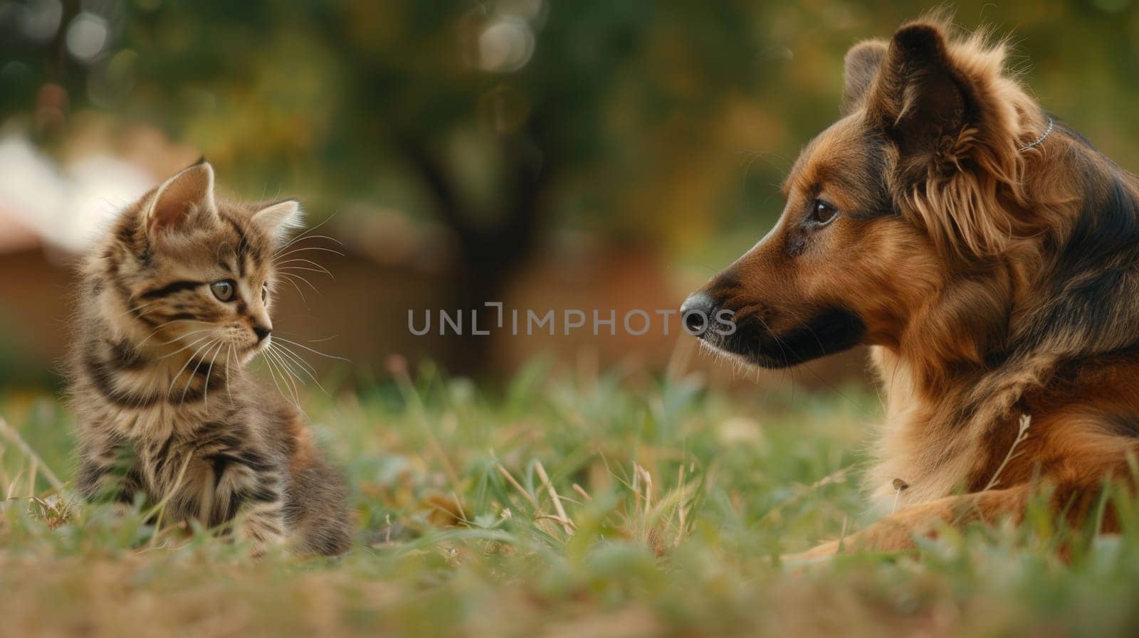 A tabby kitten sits on the ground, looking at a German Shepherd who is lying in the grass.