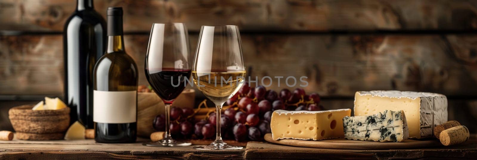 Two glasses of wine, one red and one white, sit on a wooden table next to bottles of wine, cheese, and grapes.