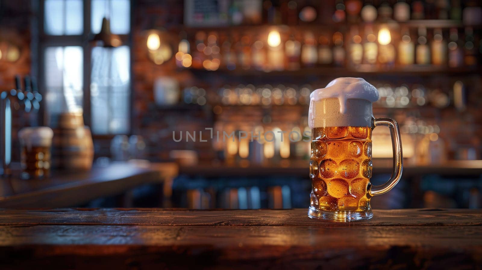 Golden ale in a beer mug with thick foam on wooden bar. Dimly lit pub with bottle shelves and tap system in background