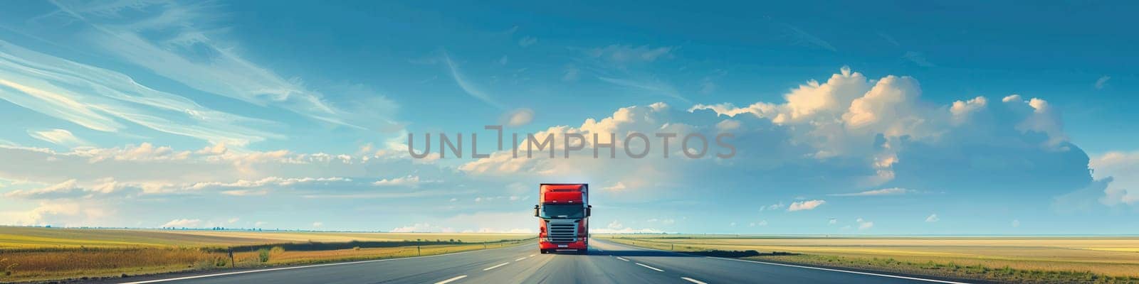 A red semi-truck drives down a highway on a sunny day. The sky is blue with fluffy white clouds, and the horizon is open and clear.