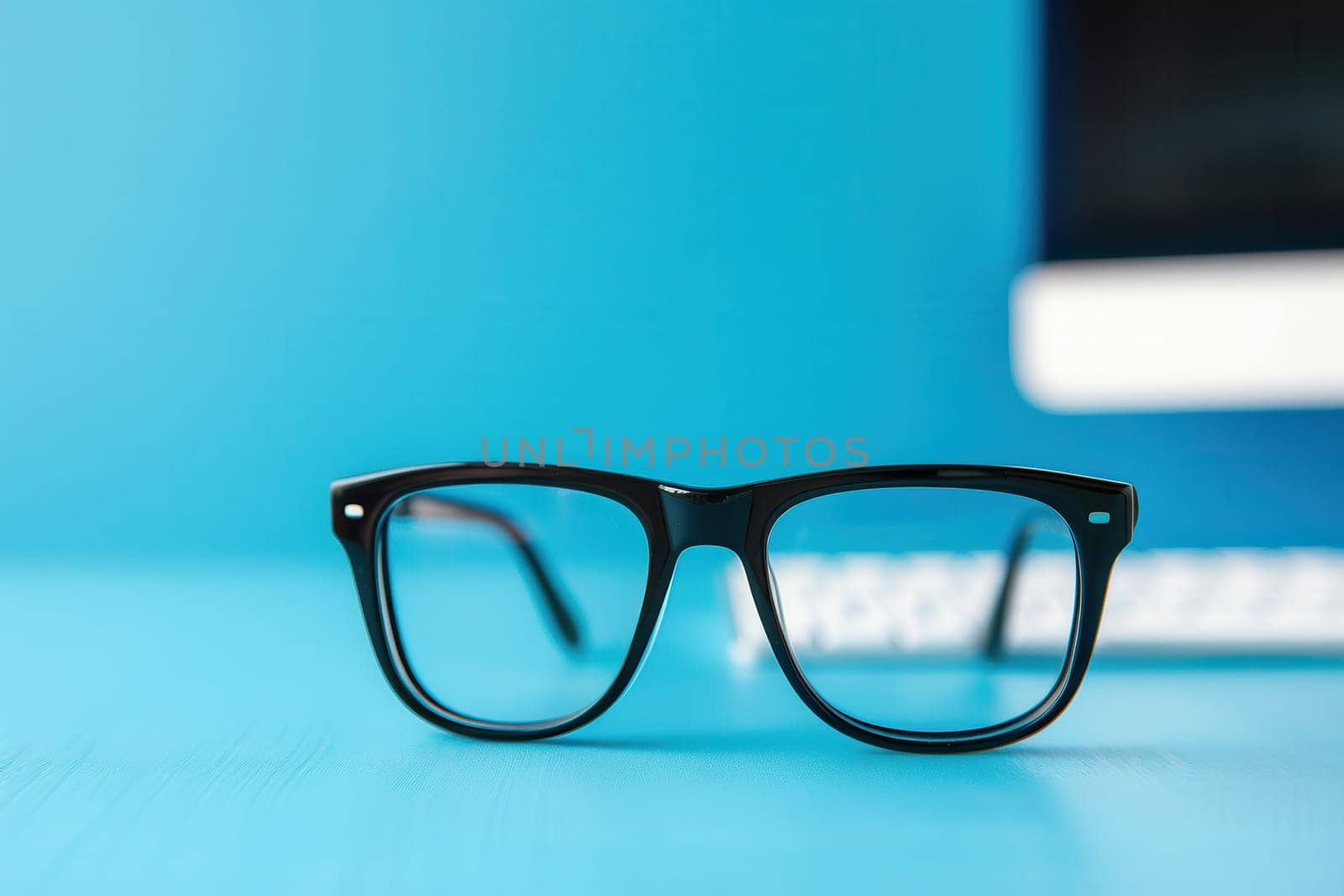 Black eyeglasses sit on a blue desk in front of a keyboard and a computer screen.