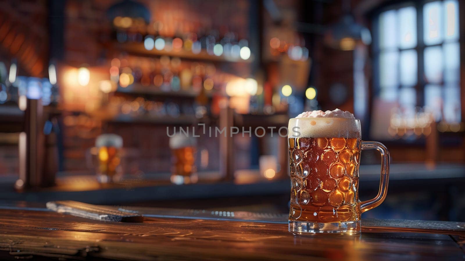 A close-up shot of a beer mug with a thick layer of foam, placed on a wooden bar counter in a dimly lit pub.