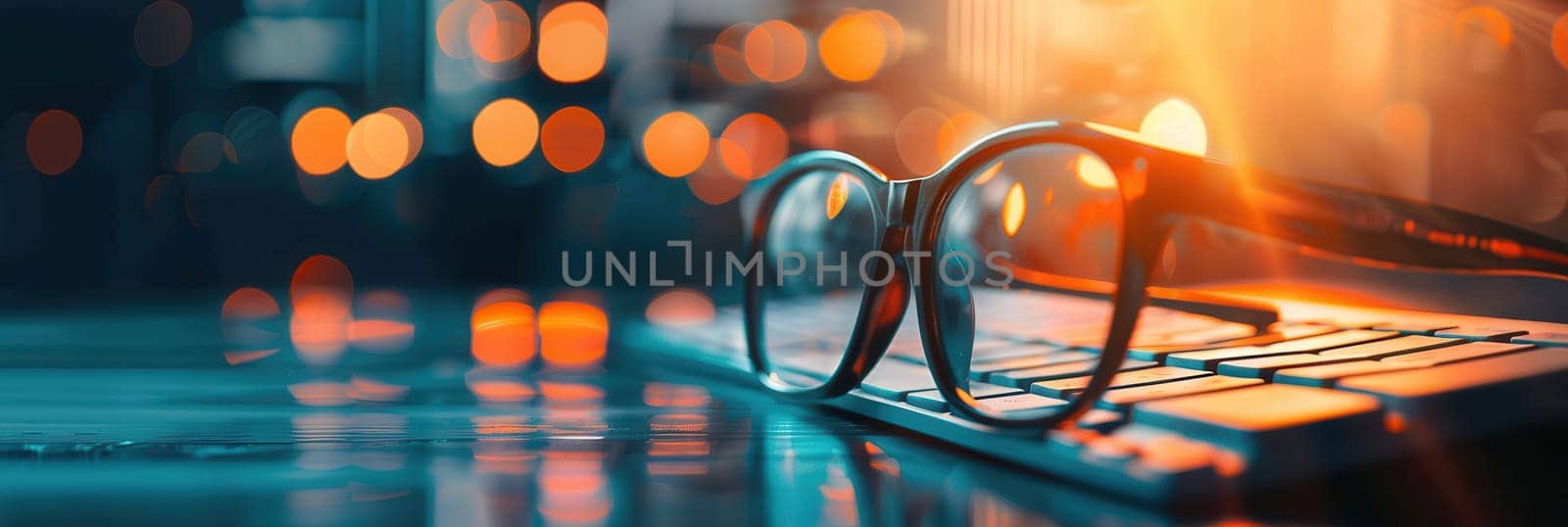 A pair of glasses rests on a computer keyboard, with a blurry background of city lights in the evening.