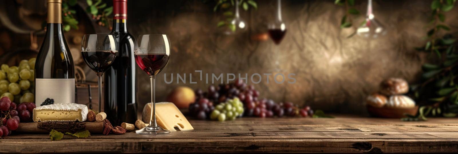 Two glasses of red wine and a bottle of wine are on a wooden table with cheese and grapes.