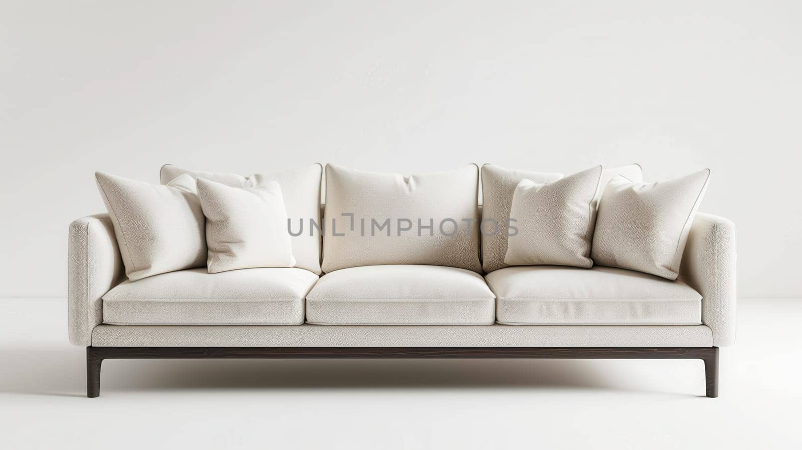 A white, three-seater sofa with dark wood legs sits in a white room. The sofa is adorned with five white throw pillows.