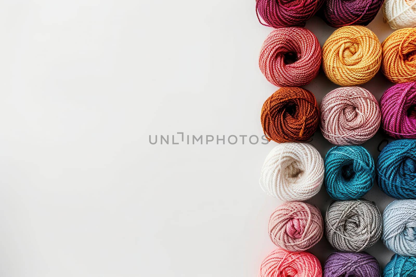 A grid of vibrant yarn rolls displays an array of colors on a white background, providing ample space for additional text and design elements.