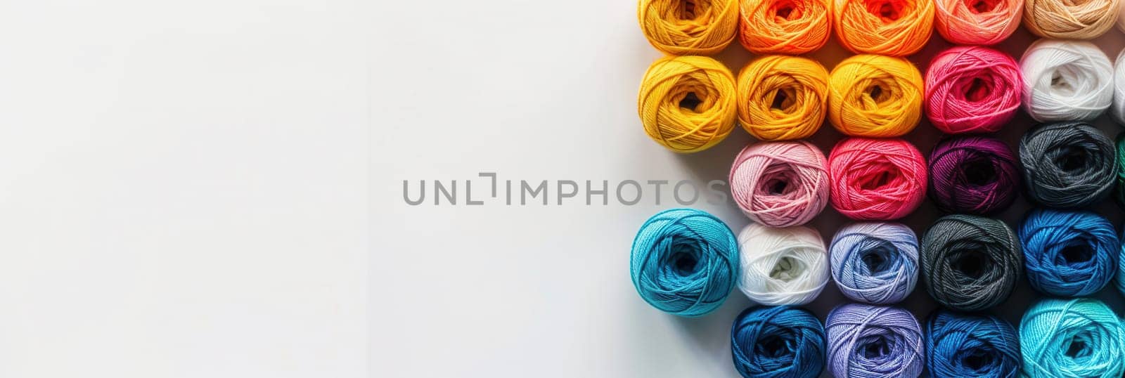 A vibrant grid of colorful yarn rolls sits against a white background, providing ample space for text placement or artistic designs.