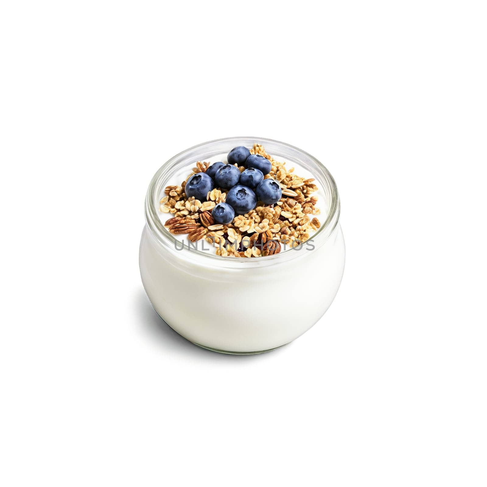 Greek yogurt in a glass jar layered with fresh blueberries and crunchy granola Culinary and. Food isolated on transparent background