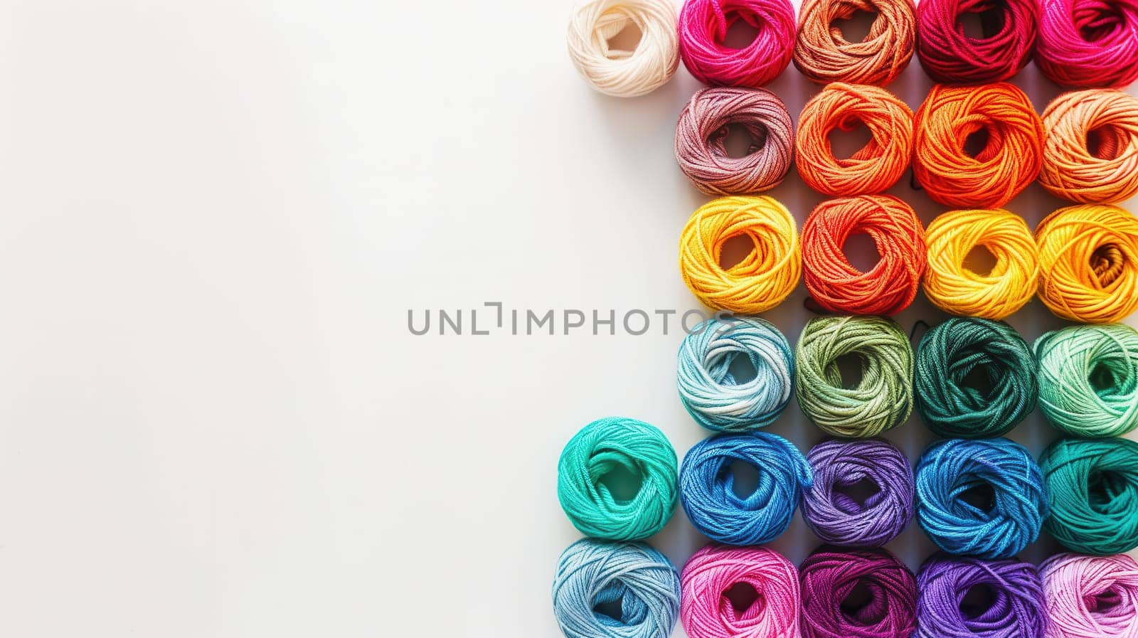 A vibrant collection of yarn rolls displayed in a grid on a white background, providing ample space for adding custom text or creative designs.