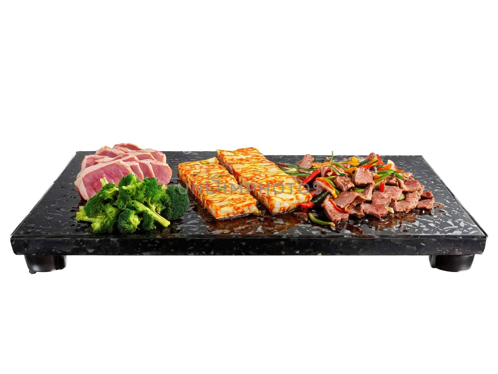 Teppanyaki A sizzling teppanyaki grill with a selection of meats and vegetables cooking on the. Food isolated on transparent background.