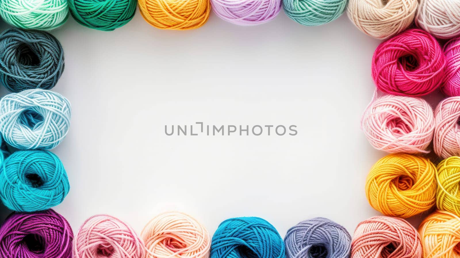 Colorful yarn rolls are neatly arranged in a grid pattern on a white background, creating space for text placement and design elements.