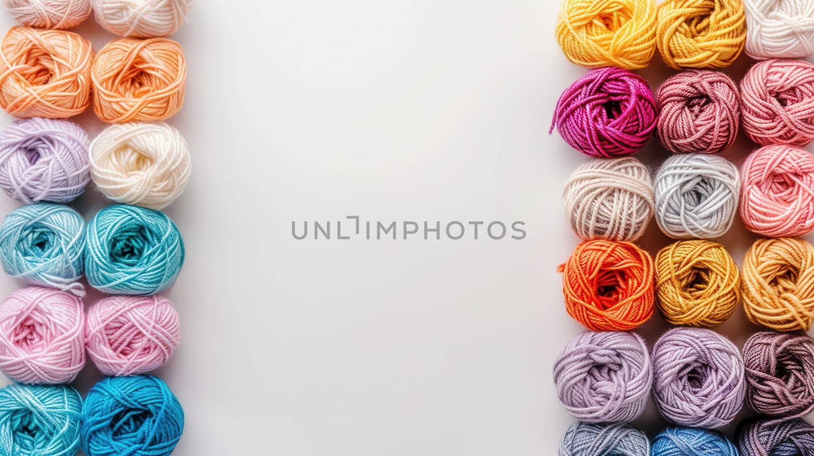 A vibrant collection of yarn rolls is neatly grouped in a grid pattern on a clean white background, providing space for creative text or design elements.