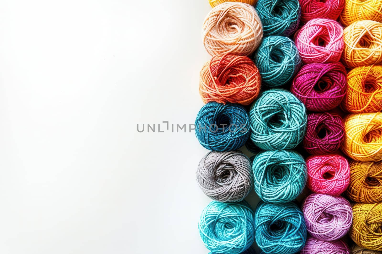 Brightly colored yarn rolls are neatly arranged in a grid on a white background, with ample space for adding text or creative ideas.