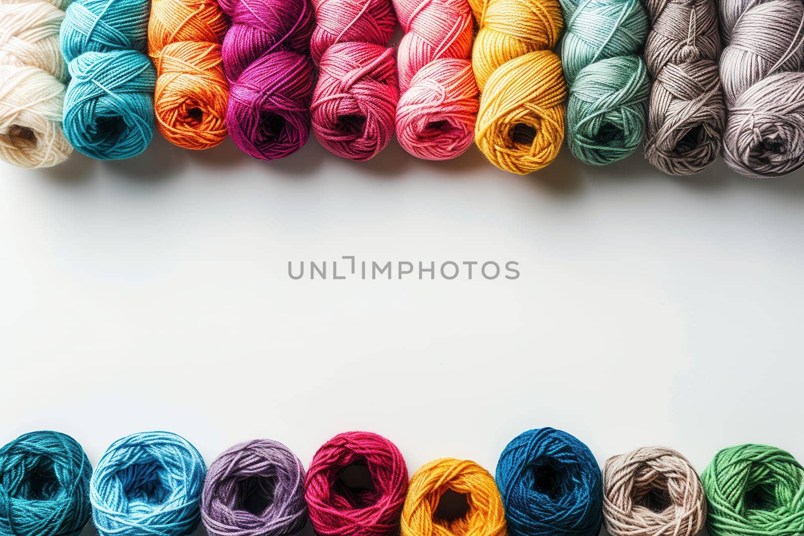 Brightly colored yarn rolls are neatly arranged in a grid, providing ample negative space for creative text or designs.