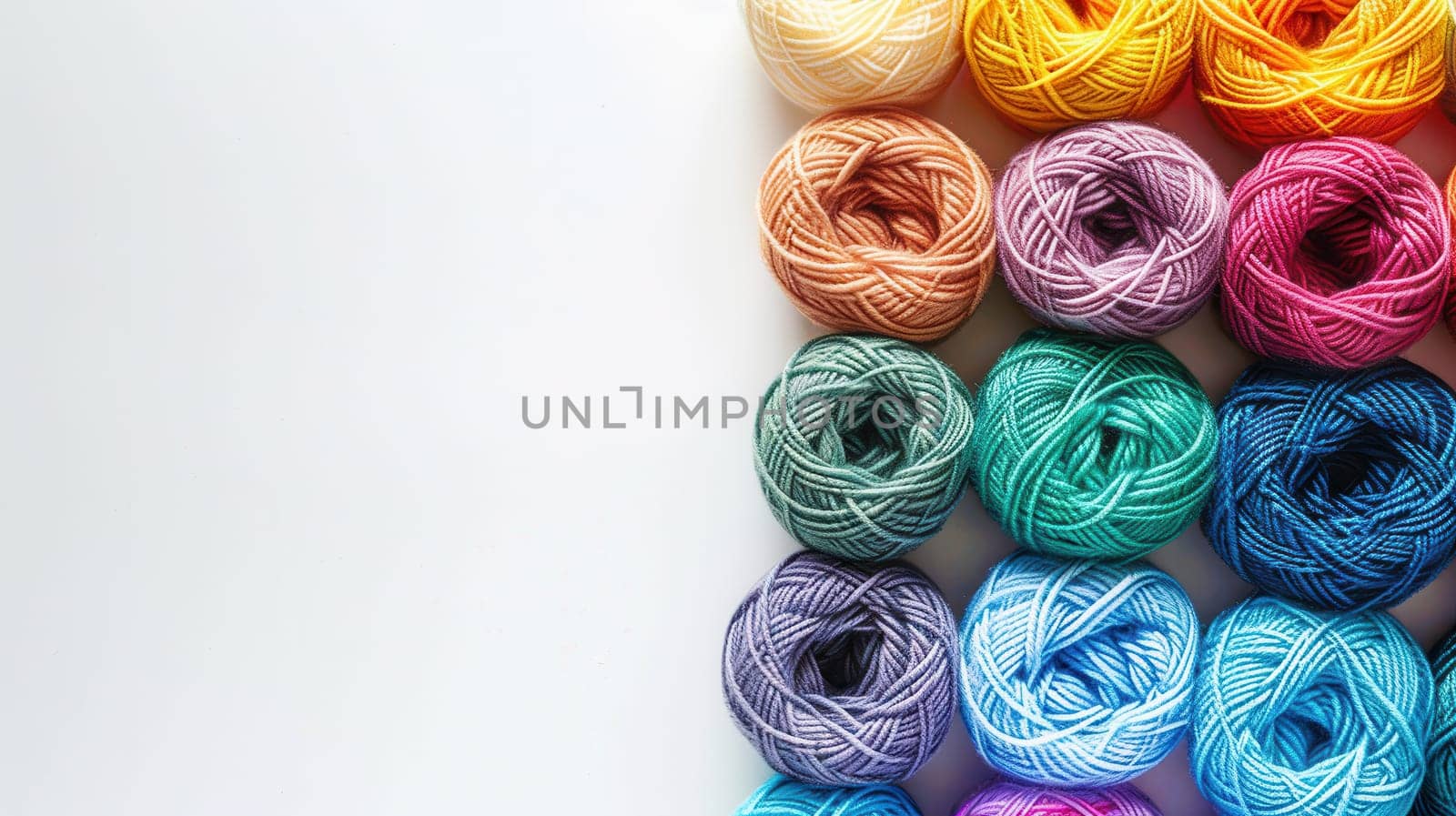 Colorful yarn rolls are organized in a neat grid on a white background, leaving space for creative text or design elements.