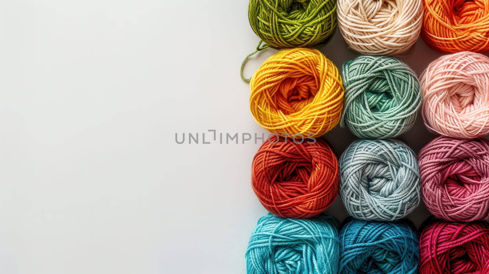 Brightly colored yarn rolls are neatly arranged in a grid on a white surface, providing a vibrant backdrop for creative projects and text placement.