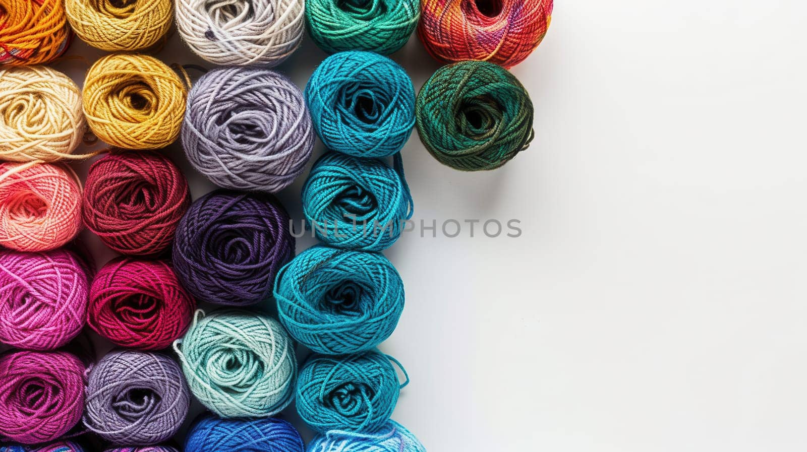A vibrant collection of yarn rolls arranged neatly on a white background, providing ample space for additional text or creative designs.