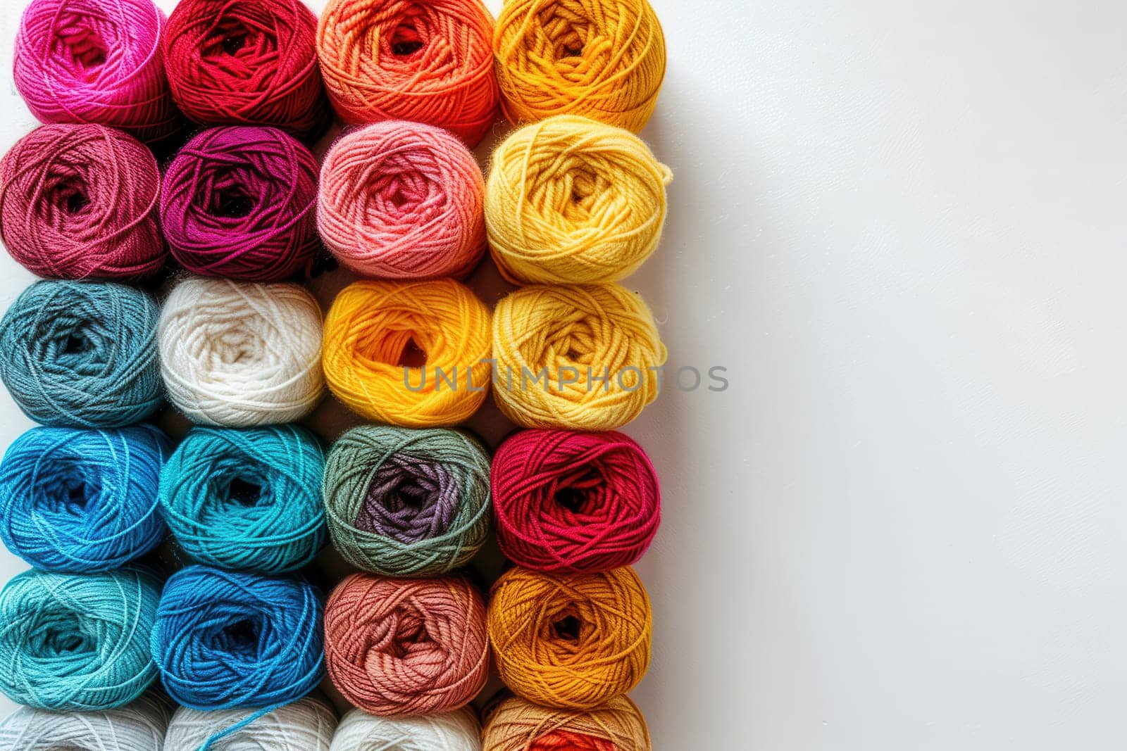 A vibrant collection of yarn rolls neatly organized in a grid formation, set against a clean white background, perfect for creative inspiration.