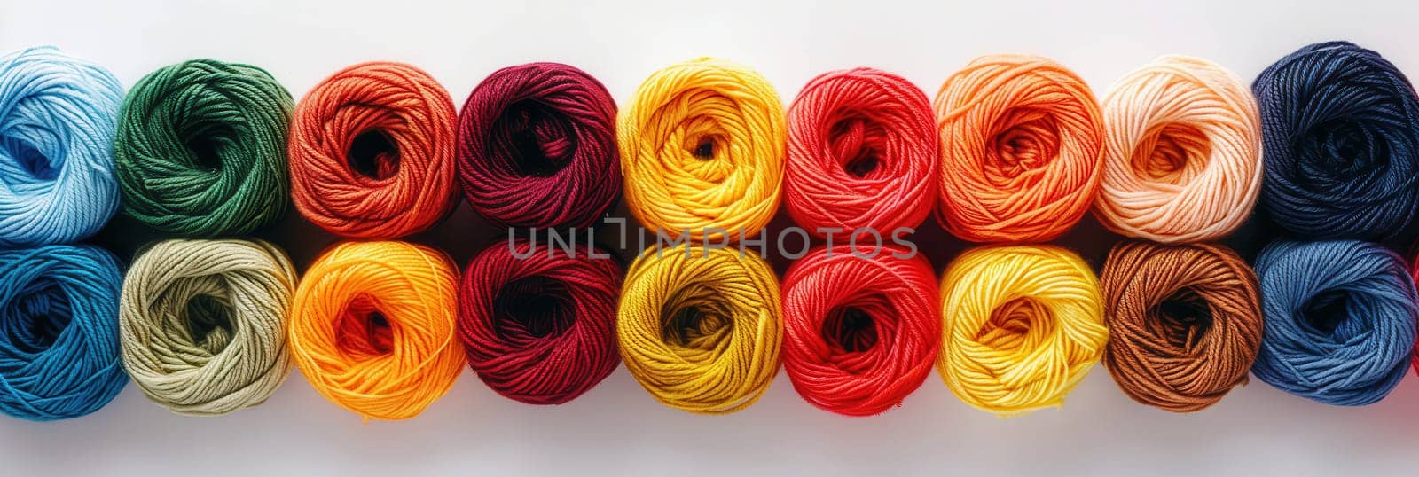 A vibrant assortment of neatly arranged yarn rolls showcases various colors against a clean white backdrop, ideal for crafting inspiration and text.