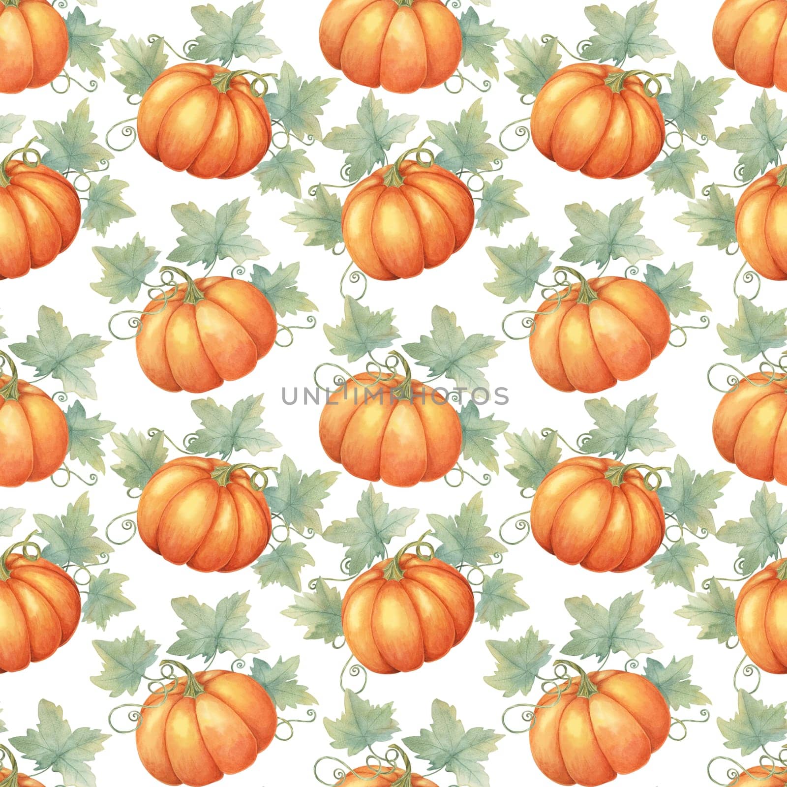 Watercolor seamless pattern of pumpkins with green vines and leaves. Hand drawn background clipart ideal for fabric designs, seasonal gift wrap, kitchen textiles, and fall-themed party supplies