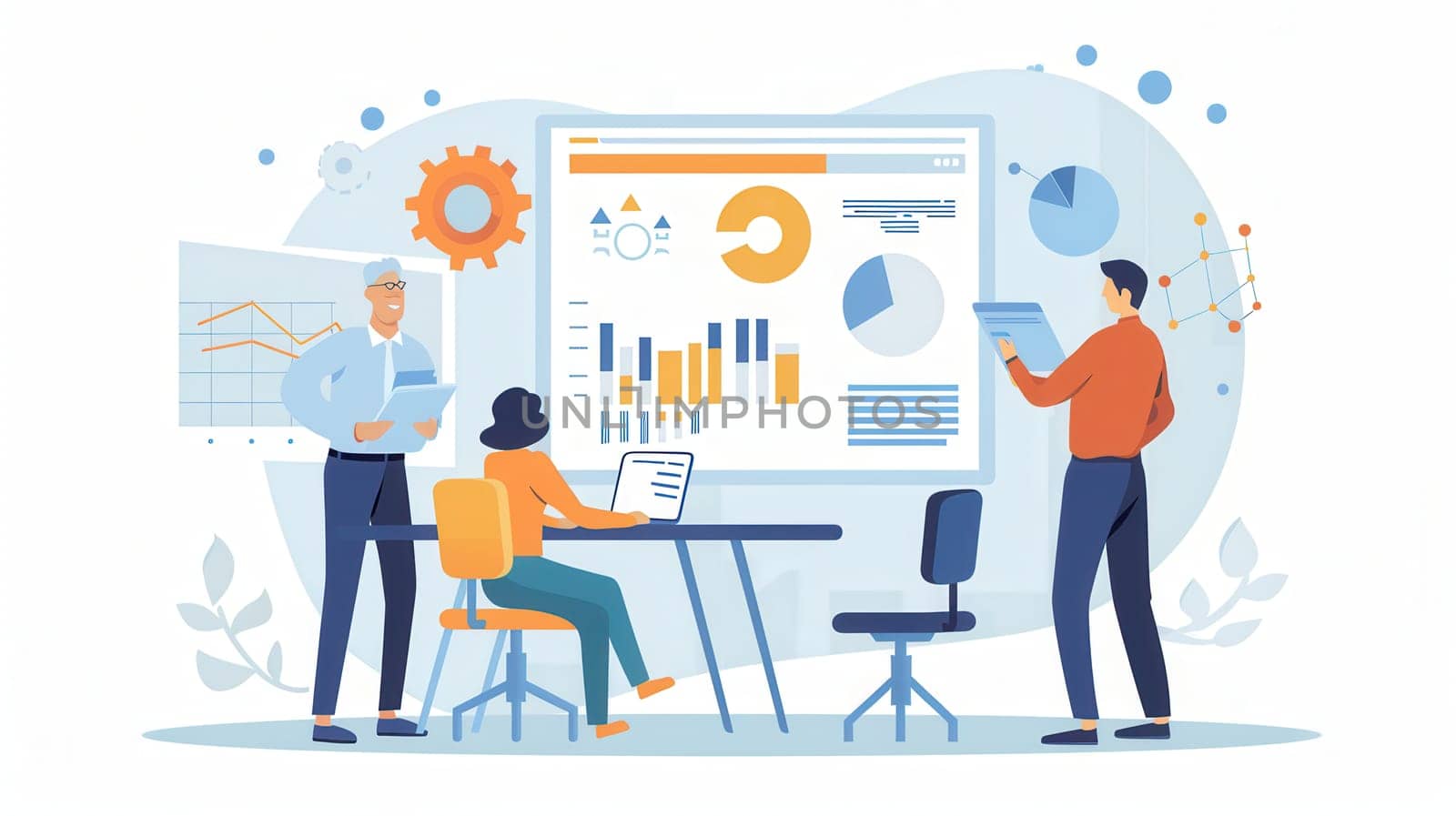 Elderly people work together, analyzing data presentations and discussing insights in a collaborative workspace during an afternoon meeting.