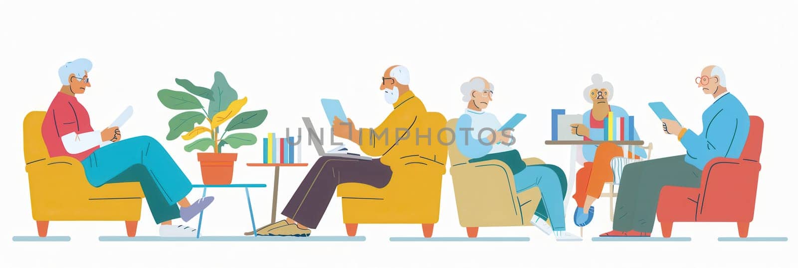 Elderly individuals relax and read, enjoying a peaceful morning in a cozy community area with plants and shelves filled with books.