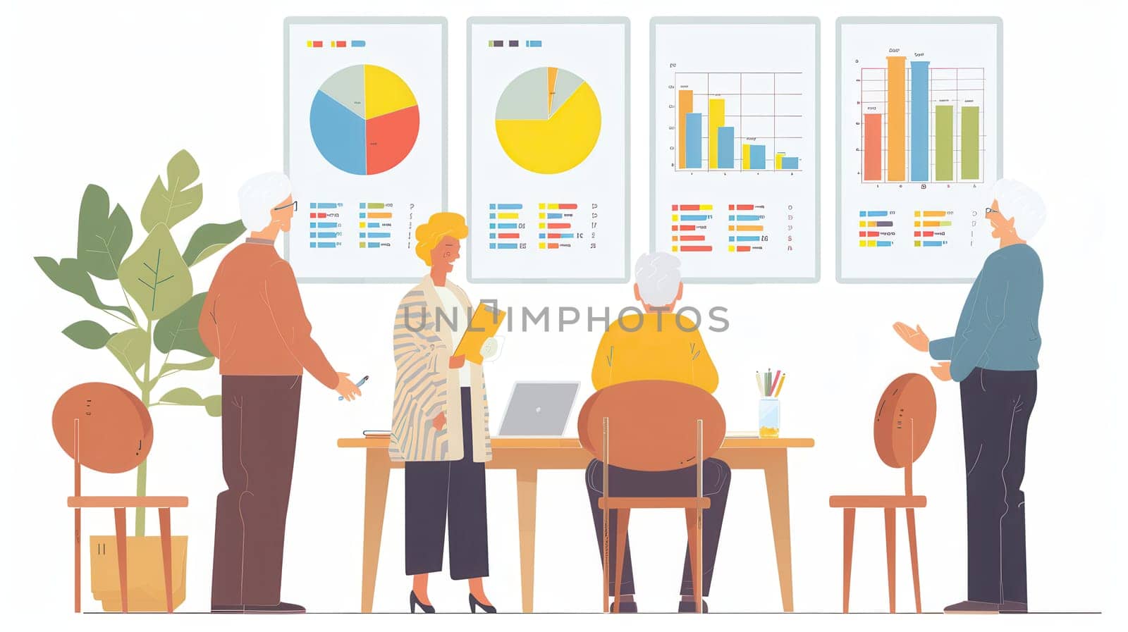 A group of elderly people collaborates around a table, discussing charts and graphs displayed on the wall in a bright and welcoming meeting space.